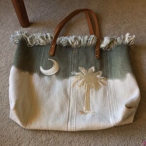 Lucky 7 Large Tropical Fringed Green and Cream Tote Bag